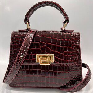 Burgundy Croc-Embossed Top Handle Bag